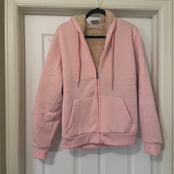 EUC Super cute pink hoodie, full zip very furry soft inside women’s large - Picture 1 of 5